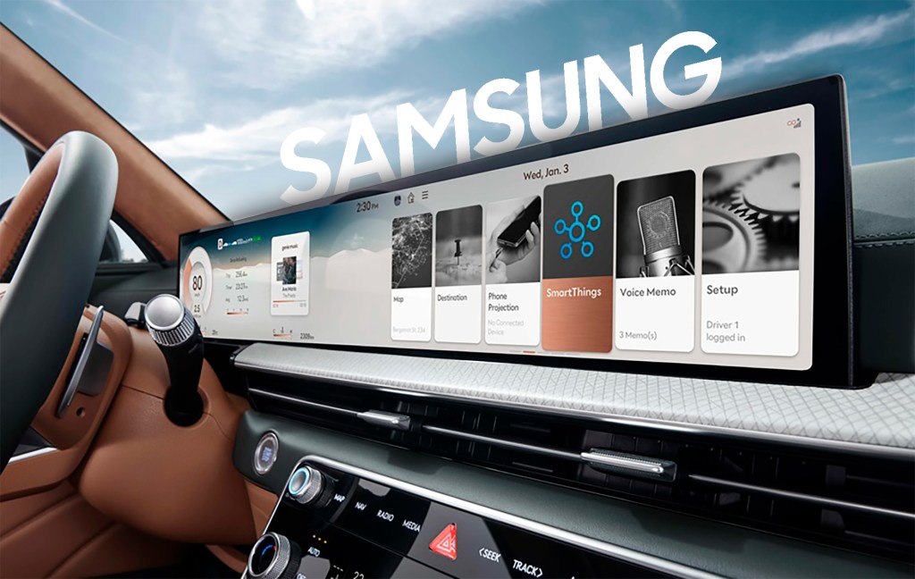 Tableau de bord Kia ou Hyundai avec écran tactile affichant le contrôle d'appareils domestiques SmartThings