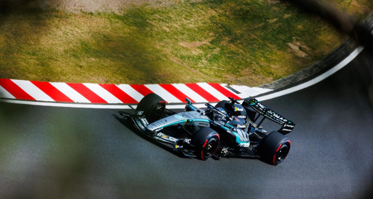 Les deux Mercedes W14 patinent au départ du GP du Japon 2023 à Suzuka tandis que Piastri et Leclerc les dépassent