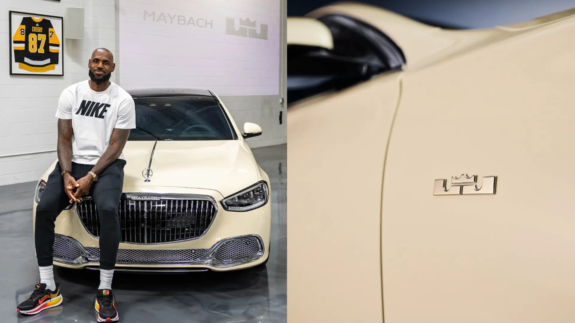 LeBron James devant ses deux Mercedes-Maybach S 680 personnalisées aux couleurs ivoire et violet des Lakers