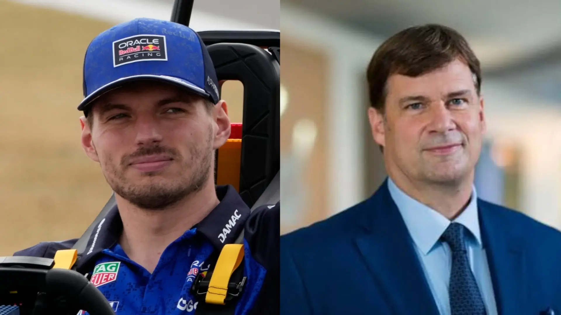 Jim Farley, PDG de Ford, à bord d'une Mustang Dark Horse pilotée par Max Verstappen sur le circuit de Silverstone