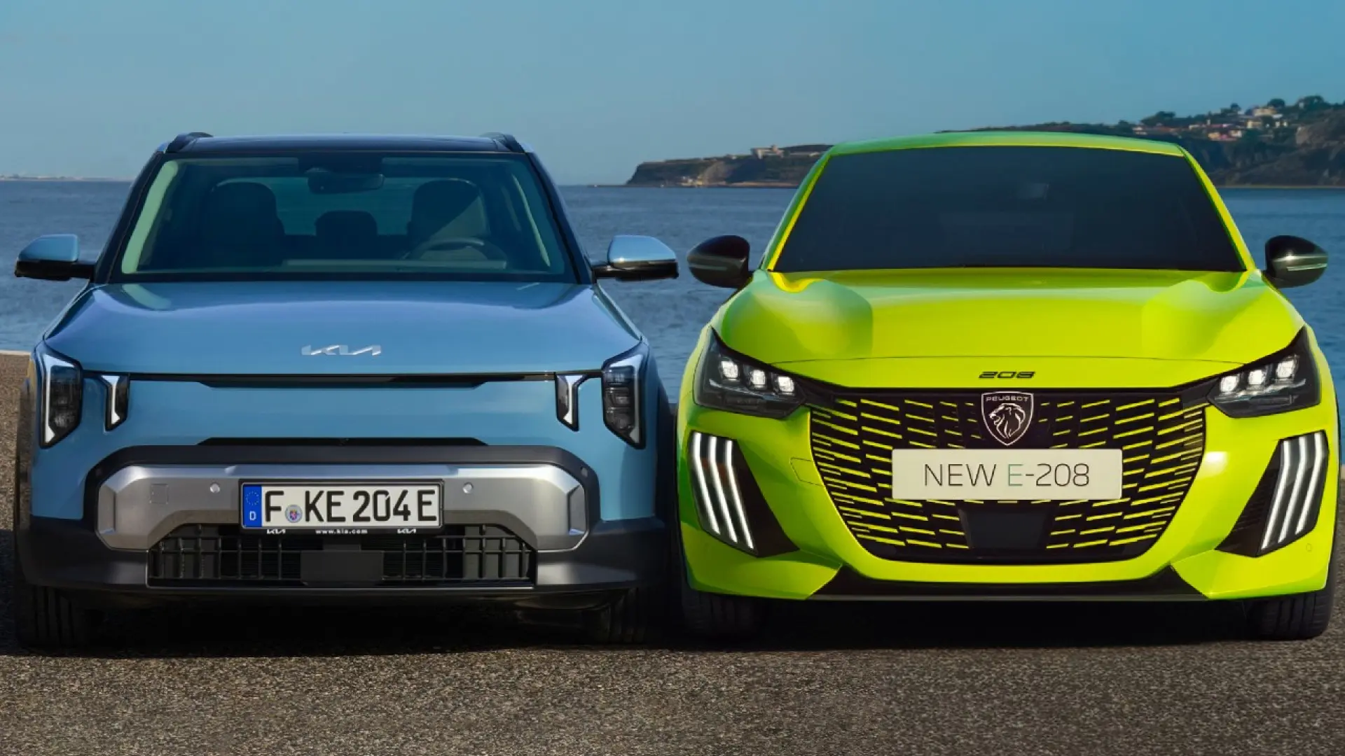 Kia EV2 et Peugeot e-208 côte à côte, comparaison des deux citadines électriques compactes