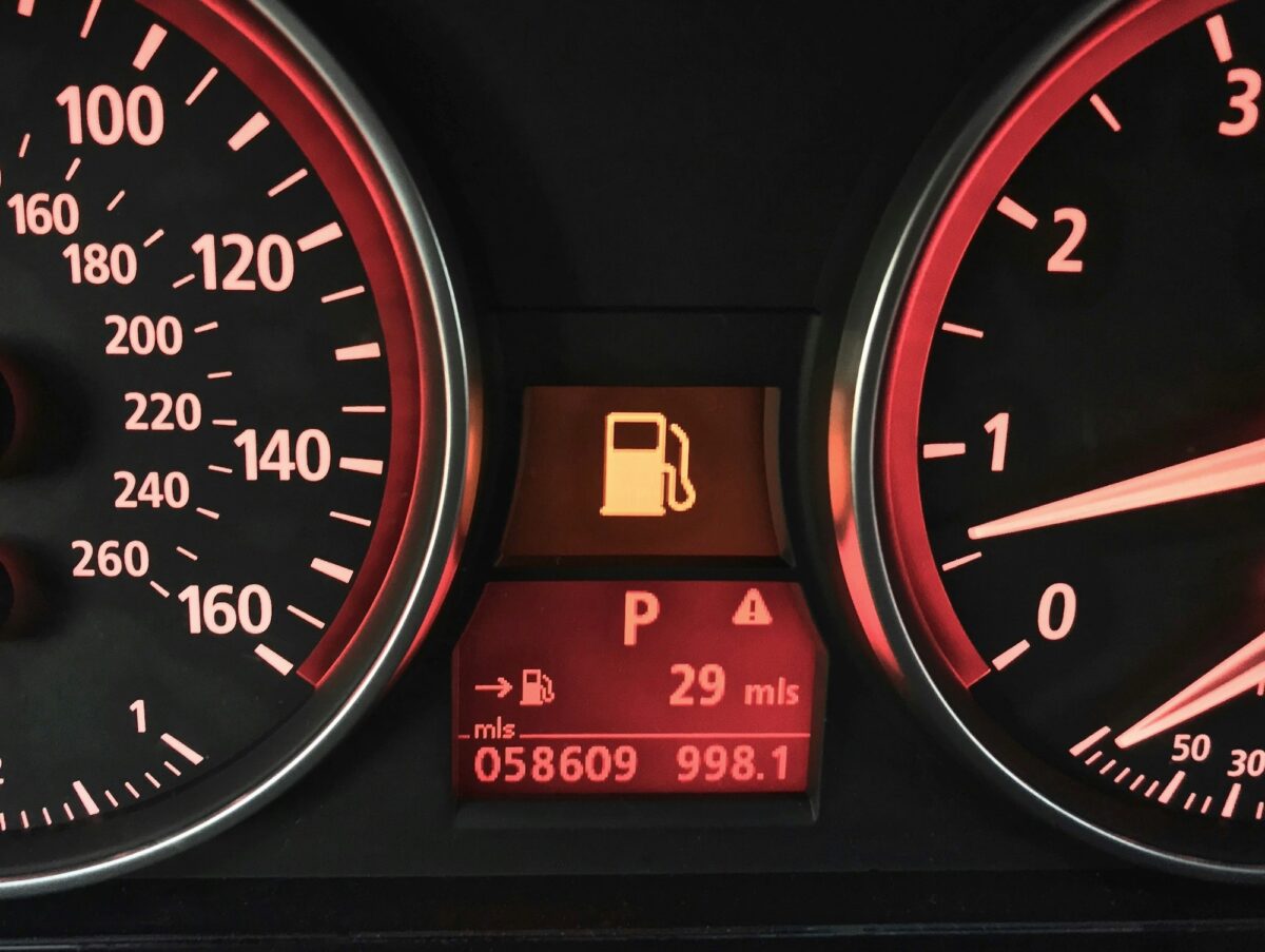 Gasoline petrol gas light on interior dashboard in car